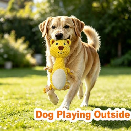 Yellow Bear Plush Chew Dog Toy, 13.4 in, Squeaker and Rope