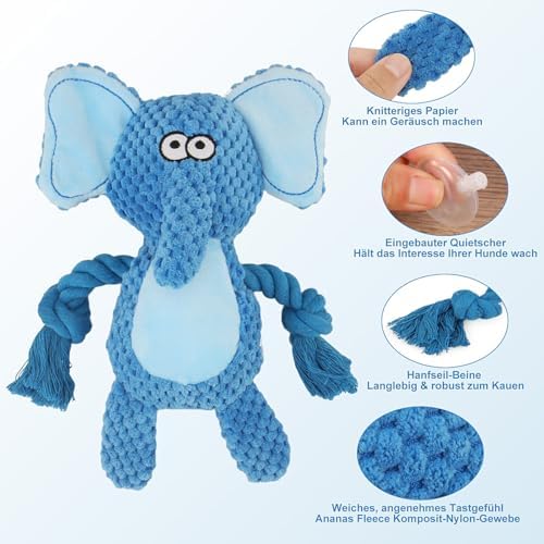 Dog Toys, Dog Squeaker Toys with Crinkle Paper (Blue Elephant)