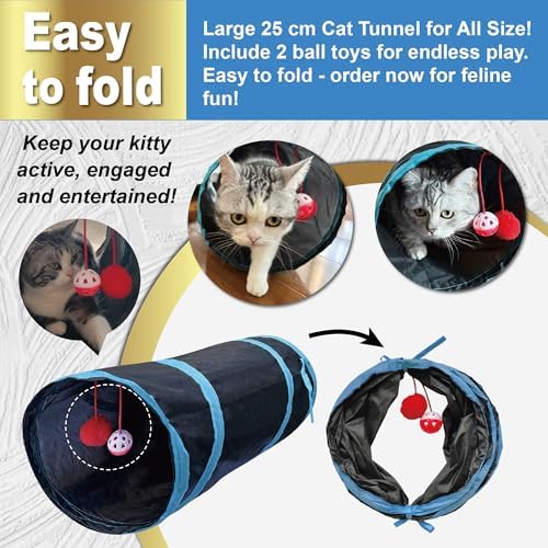 PetLike 25pcs Interactive Cat Toys Set Collapsible Cat Tunnel Interactive Feather Teaser Wand,Spring Toys & Balls for Indoor Cats (Black, 25x55cm)