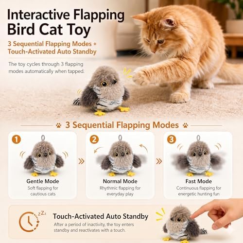 Flapping Bird Cat Toy, Cuckoo Plush Touch Activated Bird Chirp Cat Toy with Refillable Catnip, USB Rechargeable Interactive Kitten Exercise Toy,4.92"(No Flying)