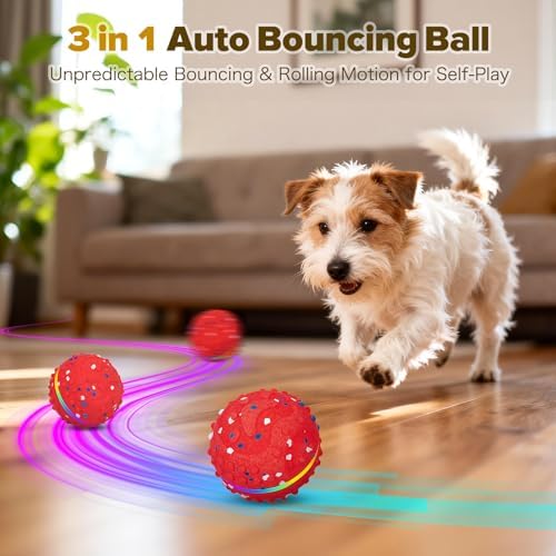 Interactive Dog Toys Ball, Self-Rolling & Bouncing Ball with RGB Colorful Lights to Keep Them Busy, 3-in-1 Interactive Mode, E-TPU Material, Type-C Charging, Moving Dog Toy for Dogs Puppies (Red)