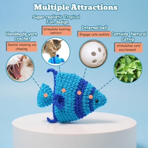 Catnip Fish Toy - Hand-Crocheted with Real Catnip & Bell, Interactive Kicker Toy for Cats Kitten, Soft & Safe for Biting