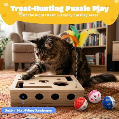 Cat Nail File Box, Solid Wood Cat Scratch Puzzle Enrichment Toy with Built-in Grooming Paper, Interactive Hideaway for Indoor Cats with 3 Bell Balls and Feather Cat Toy (Color: Natural Wood)
