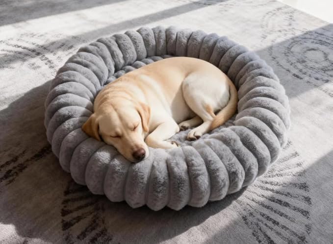 Donut Dog Beds Medium Large Size Dog Washable Pet Bed,31in Grey | Cozy Calming Round Cuddler, Fluffy Faux Rabbit Fur, Non-Slip Bottom, Anti-Anxiety, Circle Bed for Large Pets Up to 40 Lbs