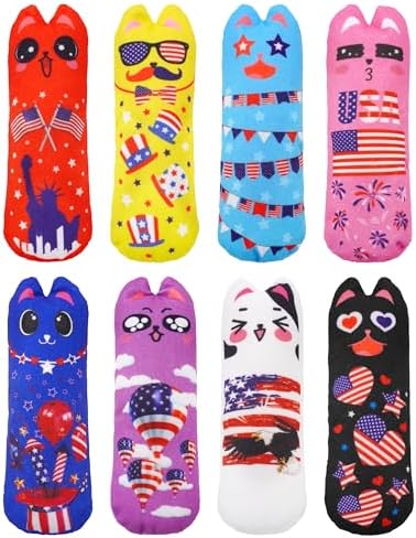 PET SHOW 8 Pack 4th of July Cat Kicker Toys with Catnip Patriotic Crinkle Sound Toys for Indoor Cats Star Stripe American Flag Patterns Plush Kittens Shape Natural Interactive Toys Pet Kitty
