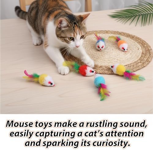 6 Pack Mouse Toys for Cats, Furry Rattle Interactive Mice Toys with Feather Tails Realistic Faux Fur Cat Mouse Toys for Indoor Cats & Kittens (6 Color)