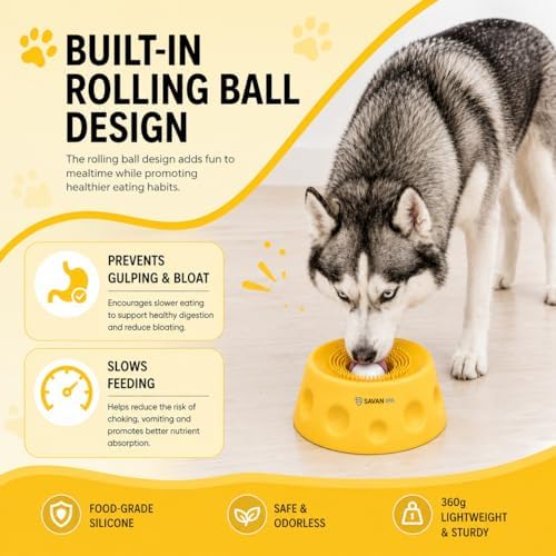 Slow Feeder Dog Bowl with Interactive Roll Ball, Anti-Slip Dog Lick Bowl for Liquid Treats, Bone Broth & Yogurt, Anxiety Relief Boredom Puzzle Feeder for Small Large Dogs
