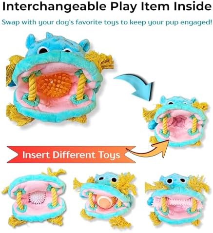 No Stuffing Interactive Plush Dog Toy with Hidden Toy Inside, Squeaky Soft Dog Toy for Small, Medium & Large Breeds, Blue Plush Hippo for Fetch, Play and Engagement, Gift Ready Box
