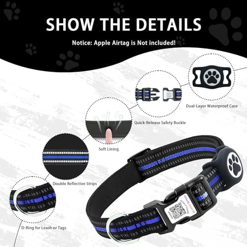 Dog Collar with Tracker Holder and QR Code ID, Waterproof Bluetooth Tracker Case, Reflective Padded Nylon for Small Medium Large Dogs