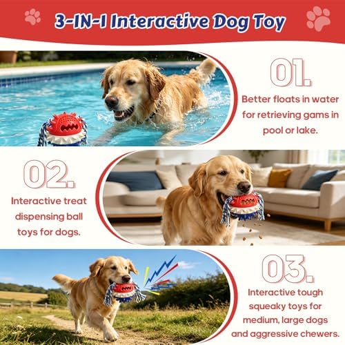 Dog Chew Toys Floating 4" Squeaky Ball for Aggressive Chewers Toothbrush Teething Cleaning Toys Outdoor Swimming Interactive Tough Toys with Treat Dispenser Ball for Medium and Large Dogs