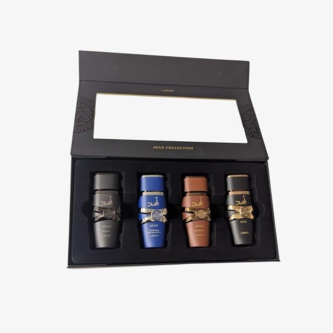 Lattafa Asad 4-Piece Gift Set 25ml – Men's Oriental Fragrance Collection | Asad, Elixir, Bourbon & Asad Zanzibar LE