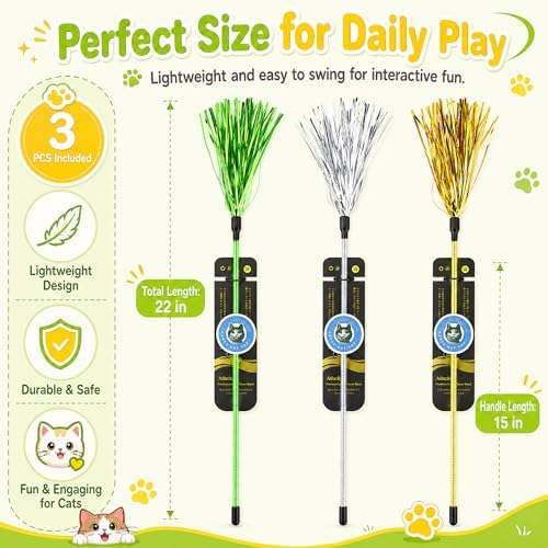 ADUCK Tinsel Cat Wand Toys for Indoor Cats, Interactive Kitten Toys, 3 Pack