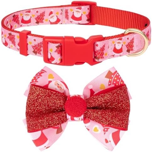 azuza Christmas Dog Collar Santa Print Xmas Dog Collars with Removable Red Bowtie, Adjustable Dog Collar Accessories for Small Dogs