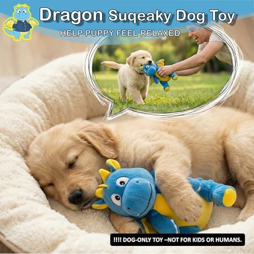 Squeaky Plush Dragon Dog Chew Toy - 8.3‘’X9‘’ Dog Toy for Small/Medium Dogs to Keep Pups Busy，Chewer Dog Toy with Crinkle Paper（Blue）