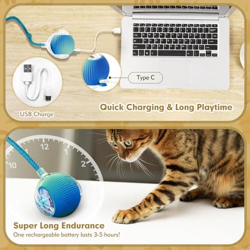 Interactive Cat Ball Toys for Indoor Cats, Upgraded Automatic Cat Toys for Bored Indoor Adult Kitty, Peppy Pet Ball for Cats, 360°Smart Rolling Kitty Balls Toy (Blue)