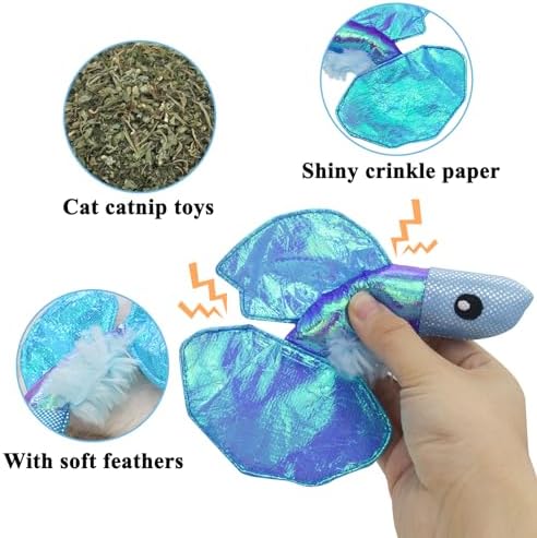 Andiker Cat Catnip Toys,Crinkle Catnip Fish with Rustling Shiny Crinkle Paper and Natural Catnip,Cat Interactive Toys for Indoor Cats for Promoting Digestion and Adjusting Emotion (Blue Fish)
