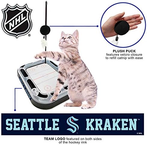 Cat Scratching Toy Hockey Field ICE HOCKEY RINK Cat Scratcher Toy with Interactive Cat Ball Bell in Tracks. 5-in-1 CAT TOY: Cat Wand Poll, CATNIP FILLED Plush Hockey Puck & Feathers