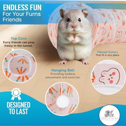 Tunnels with 3-Way Entrance - Cozy, Washable Guinea Pig Hideout - Interactive Cage Toys (Pink Hamsters)