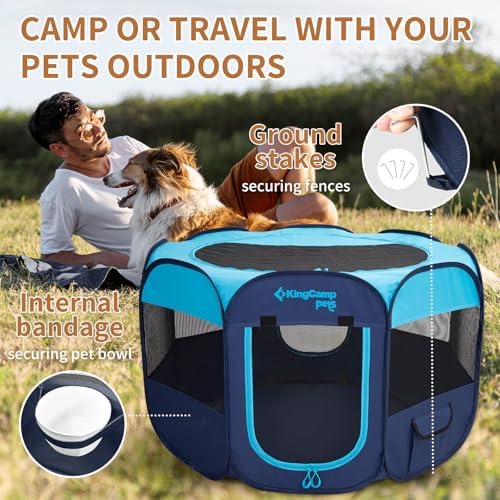 KingCamp Dog Playpen, Portable Foldable Cat Kitten Puppy Tent Crates 29"/36"/50" Pop Up Pet Playpen with Zippered Bottom & Cover for Indoor Outdoor Use (Small, Blue)