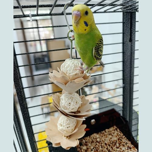 Bird Foraging Toy Set, Bamboo Feeding Station with Flower Treat Dispenser, Stainless Steel Skewers, Wood Construction, 9x5.5x2 Inches, for Small and Medium Parrots
