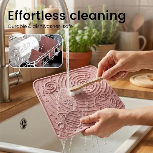 OHMO Large Lick Mat for Dogs&Cats, Space Pattern, 2pcs, Brick Red&Coral