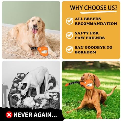 Pufferfish Shape Rubber Dog Toy with Detachable Squeaky Tennis Ball & Rope, Interactive Durable Chew Toys for Dogs, Safe Non-Toxic Material, Clean Teeth Design (Orange)