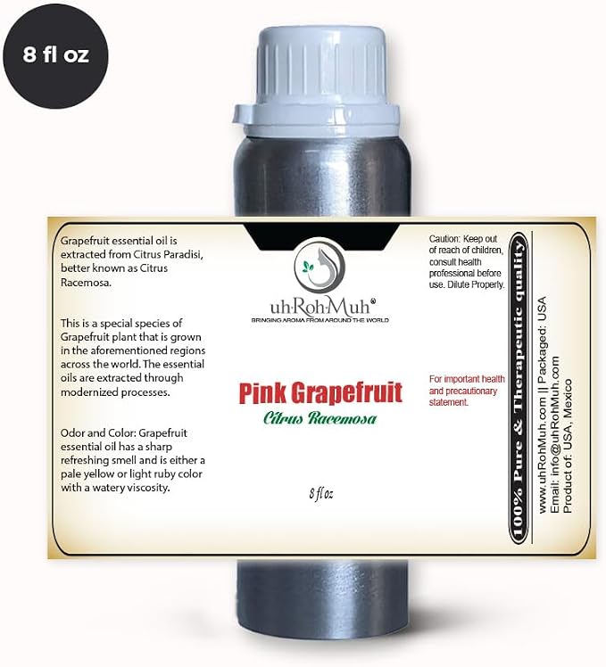 Pink Grapefruit Essential Oil Cold Pressed Citrus Paradisi Peel Oil Fresh Citrus Aroma Top Note Essential Oil for Aromatherapy Diffuser Skincare Haircare and Natural DIY Cosmetic Blends - 8 Fl oz