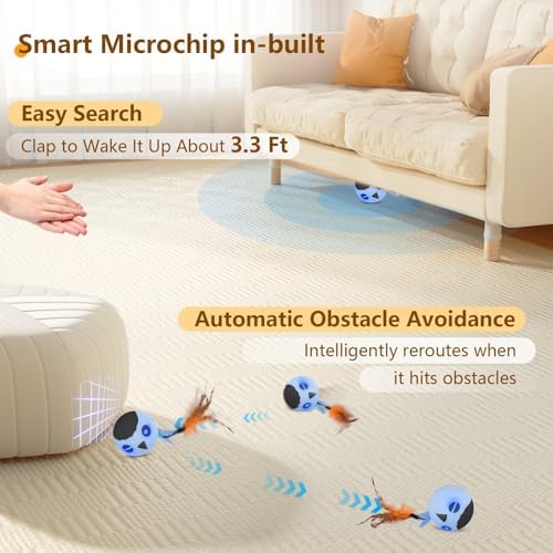 Cat Toys Ball, Smart Motion Sensor Moving Ball with 4 Sounds& 3 Speed Modes | Interactive Automatic Cat Toy for Indoor Cats,Fast Rolling Motion Activated Chirping Stimulating Light, 2 Feather Refill