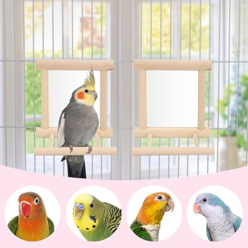 Wontee Bird Mirror with Perch for Parakeet Cage Bird Toys (2pcs-Wood Color)