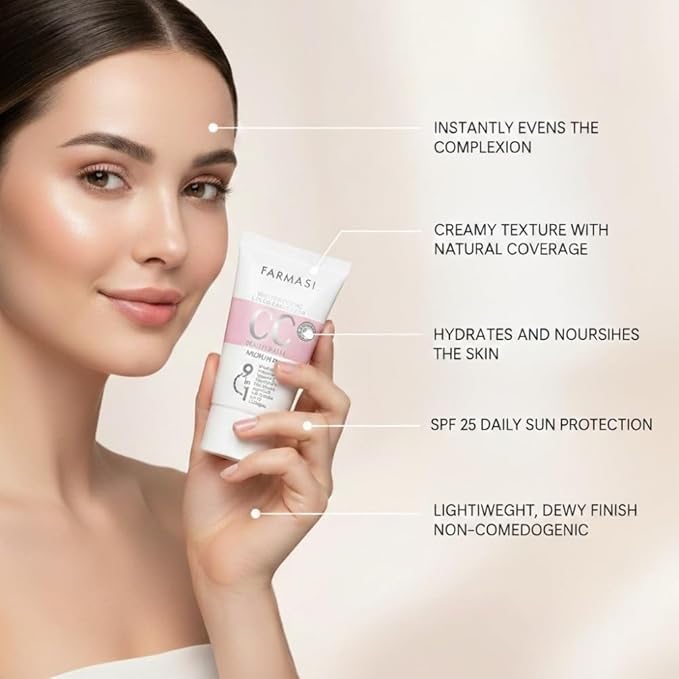 FARMASi CC Color Correcting Cream, Tinted Moisturizer Makeup Base with SPF 25, Lightweight Buildable Coverage, Natural Flawless Finish, All Skin Types, 1.7 fl oz, Medium