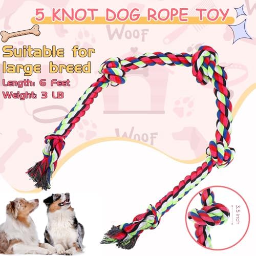 Hollowfly Dog Rope Toys for Extra Large Dogs, 2 Pack 6 Feet 5 Knot Tug of War Dog Toy for Large Aggressive Chewers Heavy Duty Cotton Teeth Cleaning Indestructible Puppy Chew Toys
