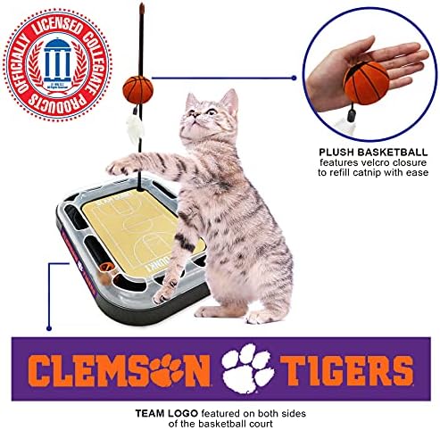 Cats Scratcher NCAA Clemson Tigers Basketball Court CAT Scratcher Toy with Catnip Filled Plush Basketball Toy & Feather Cat Toy Hanging, with Jingle Bell Interactive Ball Cat Chasing 5-in-1 Kitty Toy