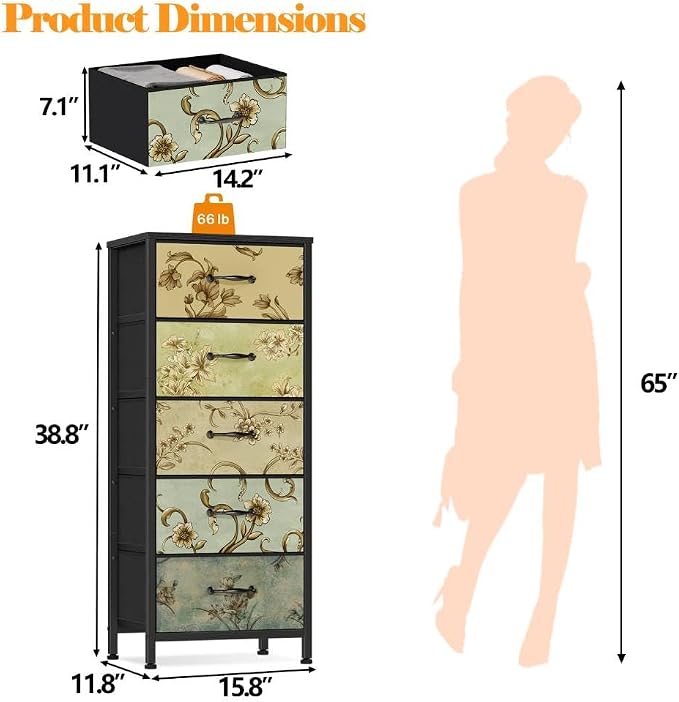 5 Drawer Dresser for Bedroom, Vintage Tall Skinny Storage Dressers | Fabric Dresser with 5 drawers, Vertical Narrow Storage Tower, Small Chest of Drawers, Floral Retro Dresser for Dorm, Wood Top