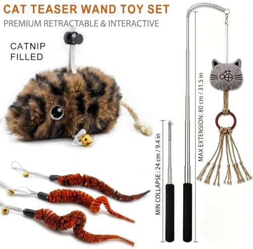 Interactive Cat Wand Toy Set for Indoor Cats, 2 Retractable Teaser Wands with Extra Long String, Handmade Sisal Rope Toys, Worm Refills, Catnip Mouse,11Pack