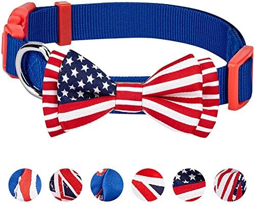Blueberry Pet 2 Patterns Patriotic Spirits American Flag USA Adjustable Bowtie Blue Dog Collar - Handmade Bow Tie w/Jacquard Weave Fabric, Medium, Neck 14.5"-20"