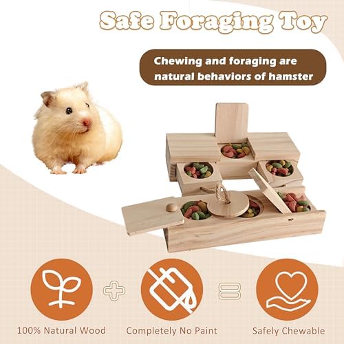 2 PCS Wooden Foraging Toys for Guinea Pigs, Hamsters & Chinchillas, Small Pet Puzzle Feeder with Drawers and Ropes, Natural Wood Chew Enrichment Activity Toy