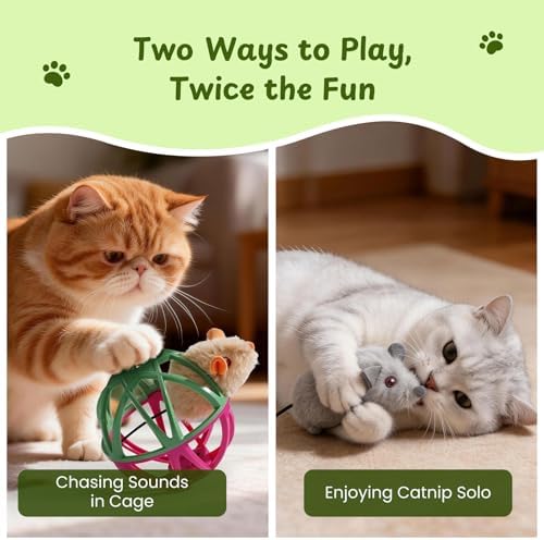 Cat Toys for Indoor Cats - Interactive Ball Cage Cat Toy with Realistic Mice Sounds & 2 Catnip Plush Toys, Motion-Activated Hunting Simulation Toy for Cats