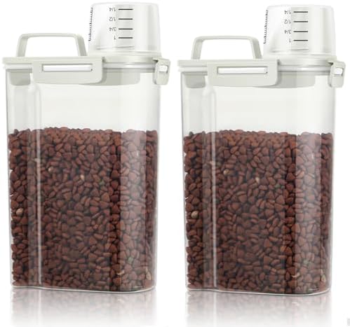 TBMax Small Dog Cat Food Storage Containers 2 Pack, Travel-Friendly Pet Food Container with Spout & Measuring Cup, Kid-Friendly Pet Feeding Dispenser, Portable Dog Treat Bird Seed Container -Beige