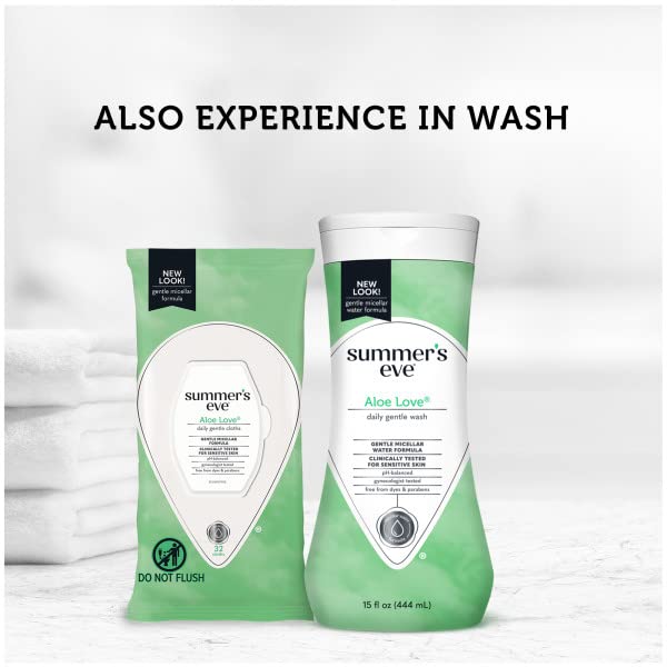 Summer’s Eve Aloe Love Feminine Cleansing Wipes, Daily Intimate Cloths, Removes Odor, pH Balanced, Gentle for Sensitive Skin, 32 Count (Pack of 3)