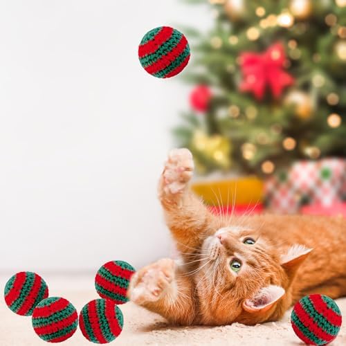 Christmas Cats Ball Toy with Bell Inside, 6Pcs Hand-Made Knitted Woolen Yarn Cat Toys Jingle Bell Balls, Indoor Kitten Interactive Toys for Hunting/Kicking/Chasing Woolen