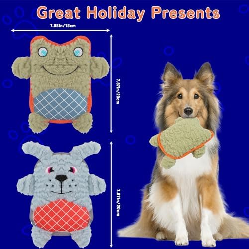 Crinkle Dog Toys Squeaky Plush No Stuffing Cute Puppy Stuffless Tough Rop Pull Toy, Fun Dog Stuffed Animals Durable Chew Set for Small Medium Large Pup (Large, Green Frog+Blue Dog)