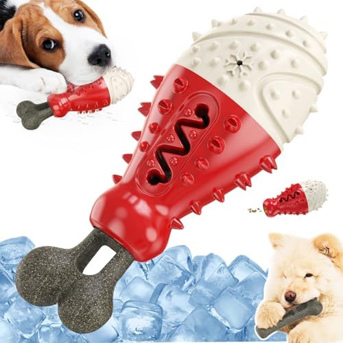 Cooling Freezable Dog Toy with Natural Coffee Wood – Dental Cleaning, Teething Relief & Treat Dispensing Chew Toy for Small Medium Large Breeds (Red)