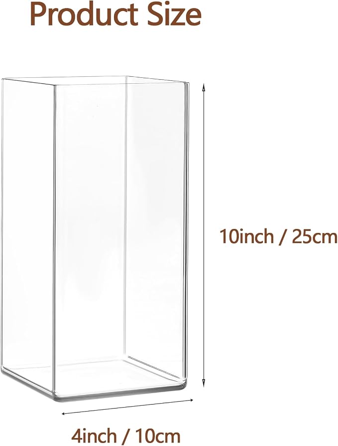 Acrylic Square Flower Vase, Non-breakable Vase, 4" x 4" x 10" Tall Clear Vases for Flower, Large Cube Floral Plant Container, Planter Terrarium for Wedding Party Event, Home Office Decor