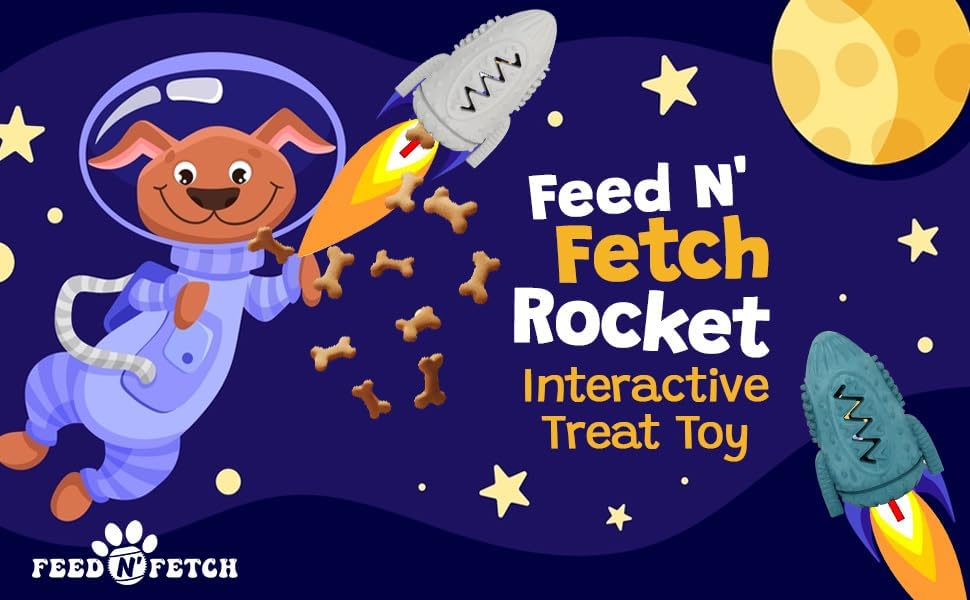 Feed N' Fetch Interactive Treat Rocket - Multipurpose Dog Feeder, Teeth Cleaner & Treat Dispenser - Food Puzzle Toy for All Dog Breeds & Sizes