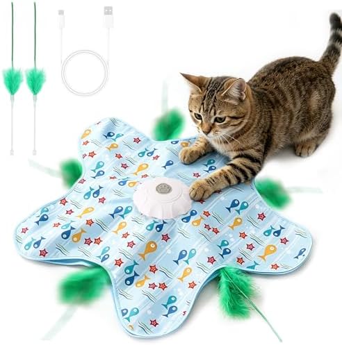 Interactive Cat Toys for Indoor Cats, USB Rechargeable Hide and Seek Automatic Feather Moving Kitten Toy with 2 Replaceable Wands, 3 Modes, 5-Min Auto-Sleep & Realistic Bird Sounds(Fish)
