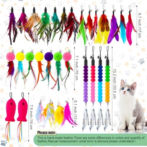50 Pcs Cat Wand Refill, Feather Toys Replacement with Bells