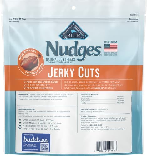 Blue Buffalo Nudges Jerky Cuts Dog Treats, Made in the USA with Natural Ingredients, Chicken & Duck, 16-oz Bag, (Pack of 4)