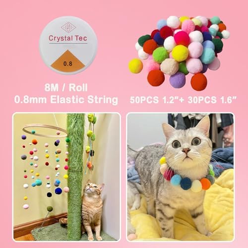 Soft Pom Pom Cat Toys - Plush Interactive Balls for Kittens & Indoor Cats, DIY Craft Decorations - Multi-Purpose Play, Training & Sensory Enrichment (1.6inches 55pcs)