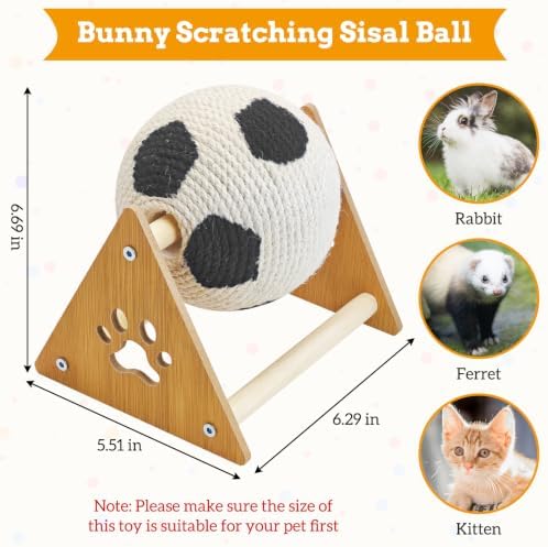 Fhiny Rabbit Scratch Toy, Natural Sisal Rabbit Scratching Ball Cute Sisal Rope Bunny Claw Scratcher Interactive Football Design Scratch Toy, Nail Scratching Post for Indoor Pets Kittens Ferrets