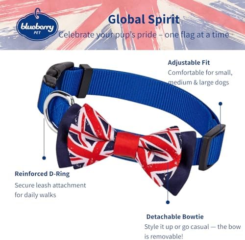 Blueberry Pet 2 Patterns Patriotic Spirits UK Flag Adjustable Bowtie Blue Dog Collar - Handmade Bow Tie w/Jacquard Weave Fabric, Medium, Neck 14.5"-20"